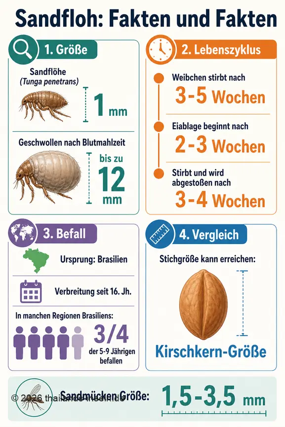 Infographie présentant la taille, le cycle de vie et la propagation des sandflöhe avec des chiffres clés.