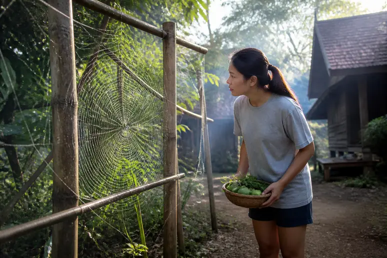 Eine thailändische Frau bestaunt ein großes Spinnennetz im ländlichen Thailand, das sich zwischen Bambusstangen spannt.