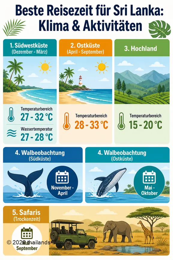 Vergleich der besten Reisezeiten für Sri Lanka basierend auf Klima, Walbeobachtung und Safaris an verschiedenen Küsten und im Hochland.