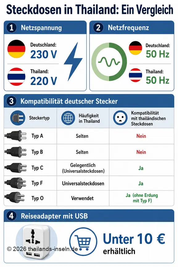 Vergleich der Netzspannung, Frequenz und Steckdosenkompatibilität für Reisen von Deutschland nach Thailand.