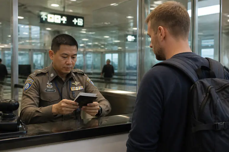 Ein thailändischer Grenzbeamter prüft sorgfältig den Reisepass eines deutschen Touristen am Schalter, was den formalen Einreiseprozess symbolisiert.