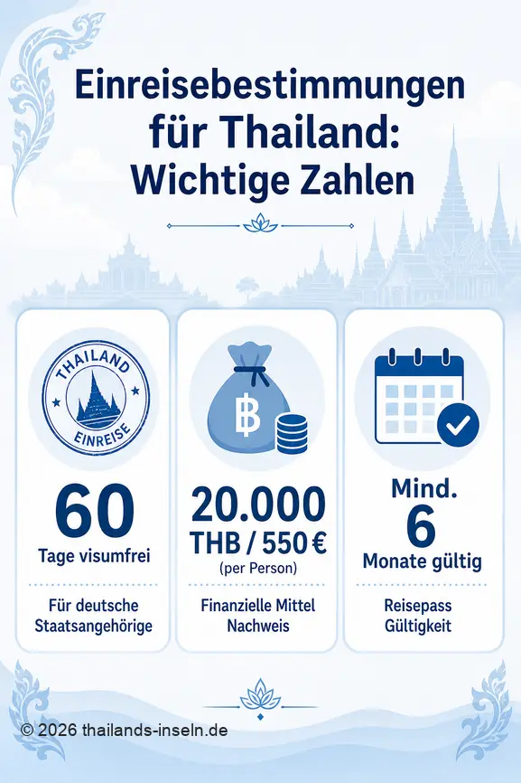 Wichtige Einreisebestimmungen für Thailand: visumfreie Tage, geforderte finanzielle Mittel und Passgültigkeit für Reisende.