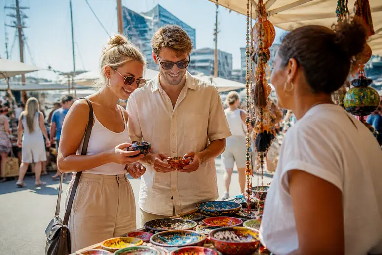 Ein junges deutsches Paar erkundet entspannt einen lebhaften Markt in Hamburg bei strahlendem Sonnenschein.