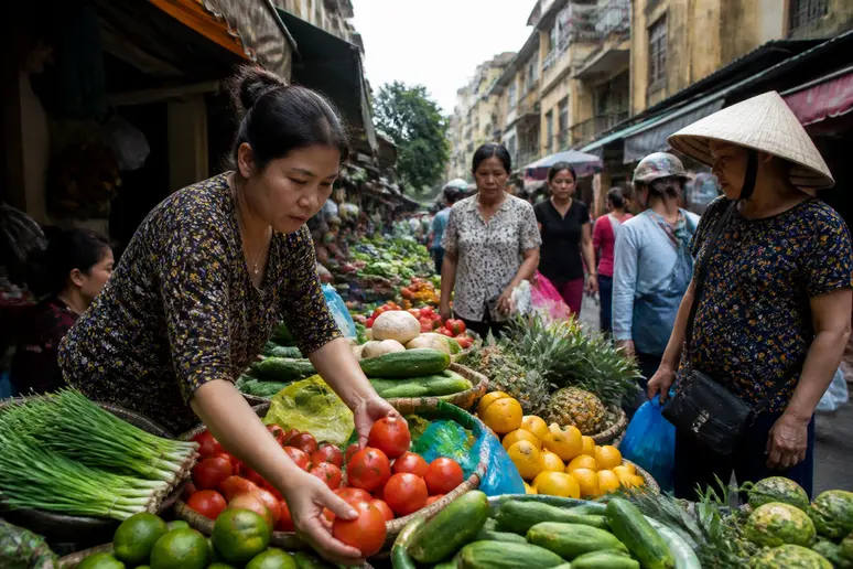 Eine vietnamesische Straßenhändlerin sortiert frisches Obst und Gemüse auf einem Markt in Hanoi, im Hintergrund traditionelle Architektur.