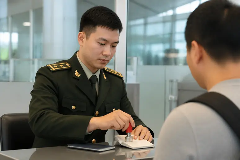 Ein vietnamesischer Grenzbeamter stempelt einen Reisepass am Flughafen Hanoi, ein Symbol für eine reibungslose Einreise nach Vietnam.