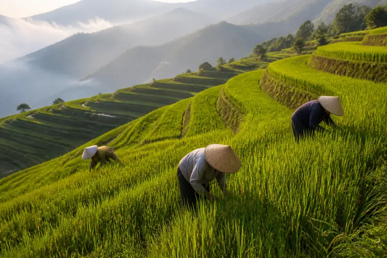 Grüne Reisterrassen in Sapa, Vietnam, mit Bauern bei der Arbeit im sanften Morgenlicht, eine malerische Naturlandschaft.