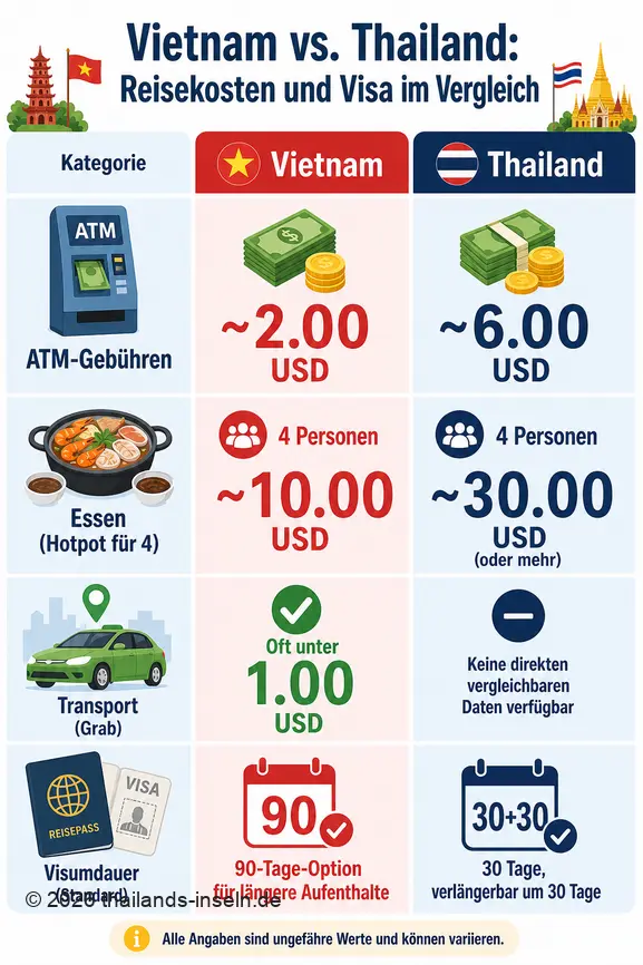 Vergleich der Reisekosten und Visabestimmungen für Vietnam und Thailand mit Fokus auf ATM-Gebühren, Essen, Transport und Aufenthaltsdauer.