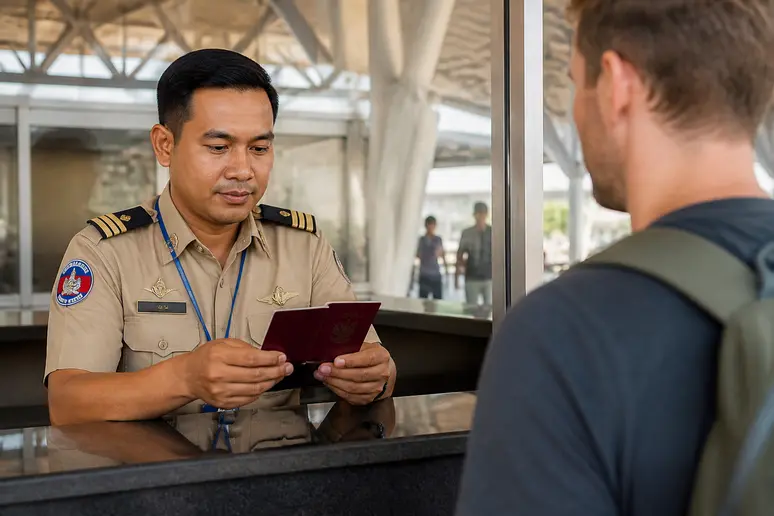 Ein Beamter prüft einen Reisepass am angkor Visumschalter am Flughafen.