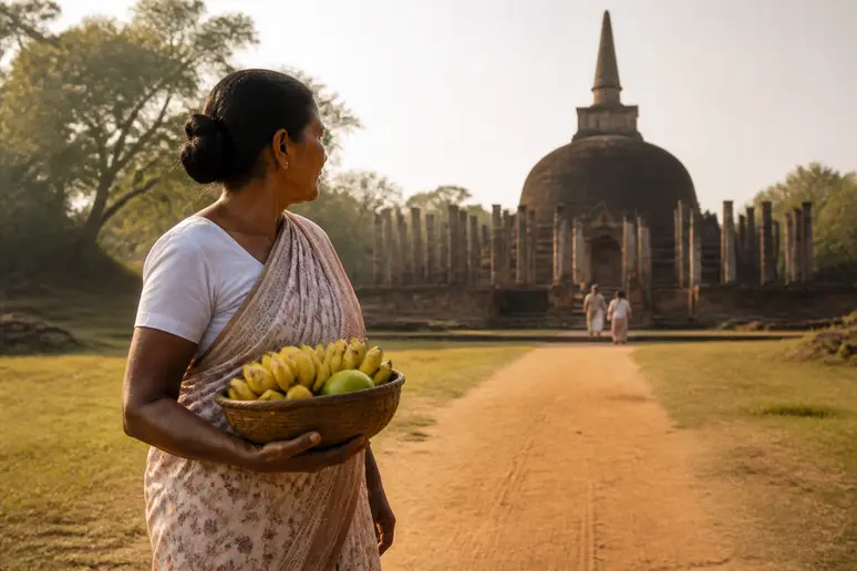 Frau in Anuradhapura geht mit Obstkorb im warmen Licht der Nachmittagssonne bei gutem Wetter.