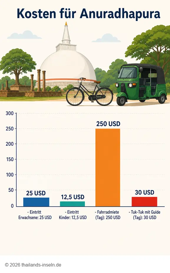 Vergleich der Kosten für den Besuch der antiken Stadt Anuradhapura: Eintritt, Fahrrad und Tuk-Tuk.