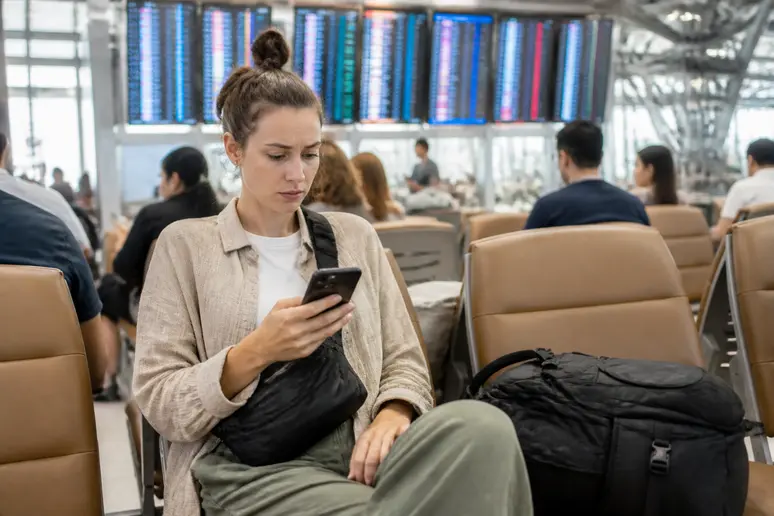 Deutsche Frau prüft besorgt ihren Anschlussflug von Bangkok nach Koh Samui am Flughafen.