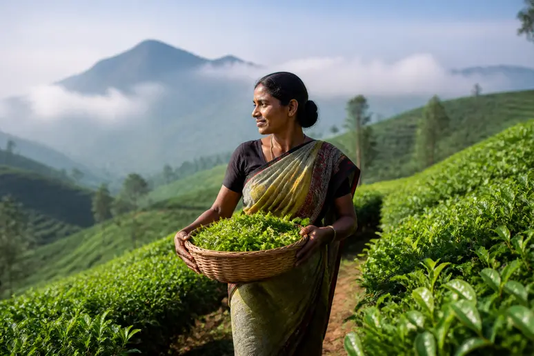 Frau pflückt Tee in Ella, Sri Lanka, umgeben von üppigen Plantagen und Nebelschwaden – ella sri lanka