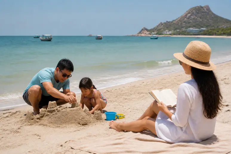 Familie genießt einen sonnigen Tag am Hua Hin Beach mit Sandburgenbau und entspannter Atmosphäre.
