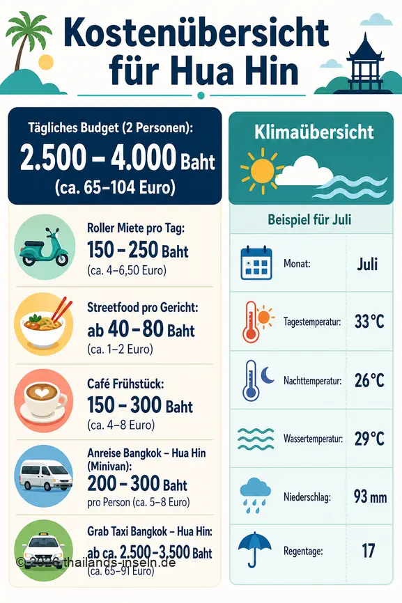 Infografik mit Kostenübersicht und Klimadaten für Hua Hin, Thailand, einschließlich Budget und Temperaturen.