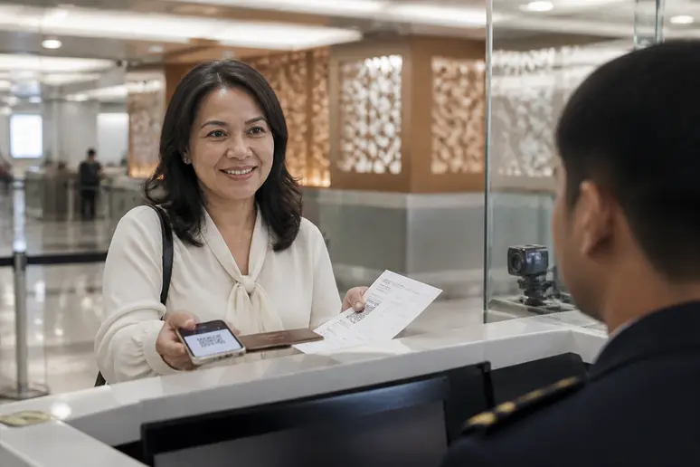 Frau zeigt ihren indonesischen Visum-QR-Code bei der Einreise vor, indonesien visum