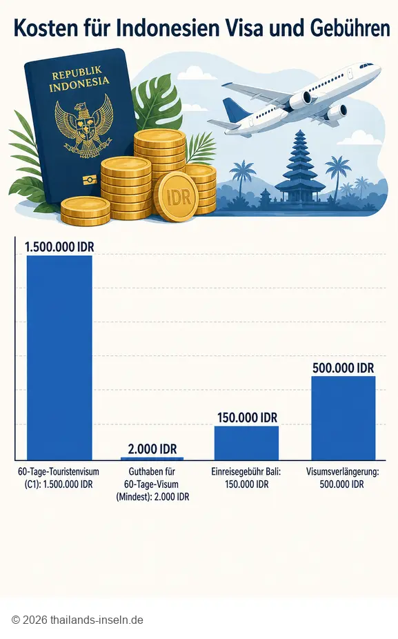 Kostenübersicht für das Indonesien Visum 2026: Gebühren für Touristenvisum, Einreise Bali und Verlängerung.