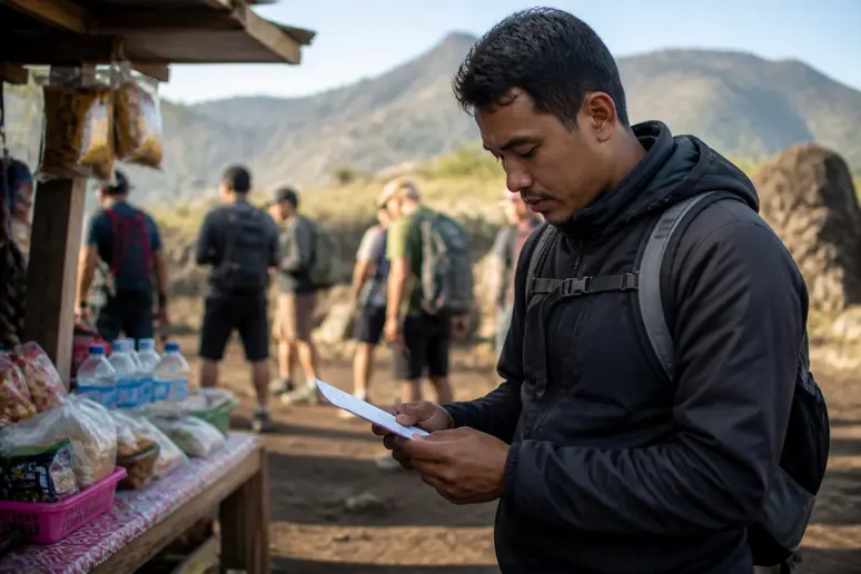 Ein lokaler Guide am Fuße des Mount Batur erklärt die Kosten für den Aufstieg, kintamani batur