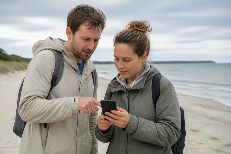 Ein deutsches Paar bespricht auf einem Strand die Wettervorhersage für den Urlaub an der Ostsee bei leicht bewölktem Himmel.