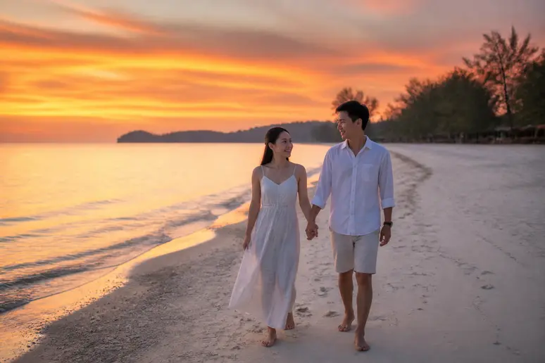 Junges kambodschanisches Paar genießt den Sonnenuntergang am Strand von koh rong kambodscha.