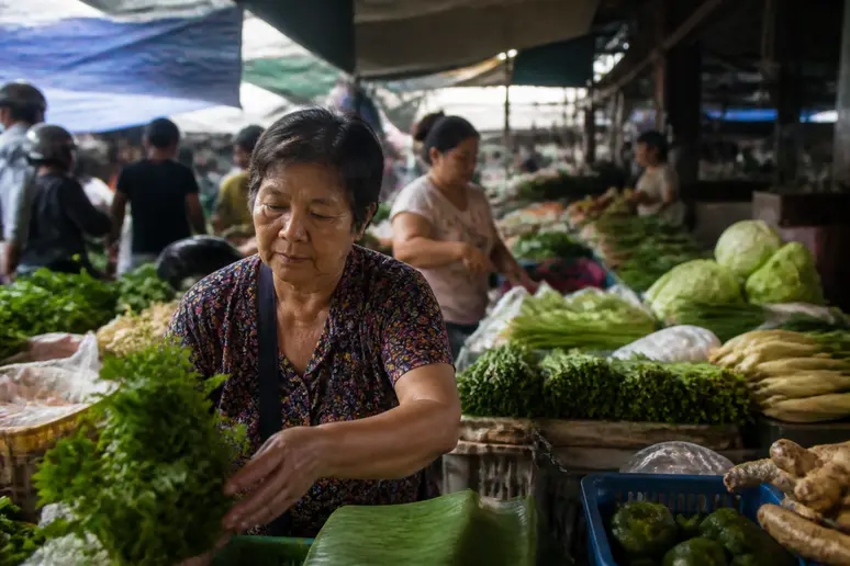 Ein lebhafter Markt in Chiang Mai mit frischem Obst, zeigt sparsame kosten-urlaub-thailand Möglichkeiten.