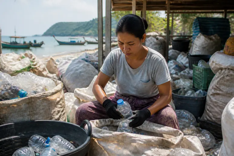Thailändische Frau sortiert Plastikmüll in einem Recyclingszentrum, um die Umwelt zu schützen.
