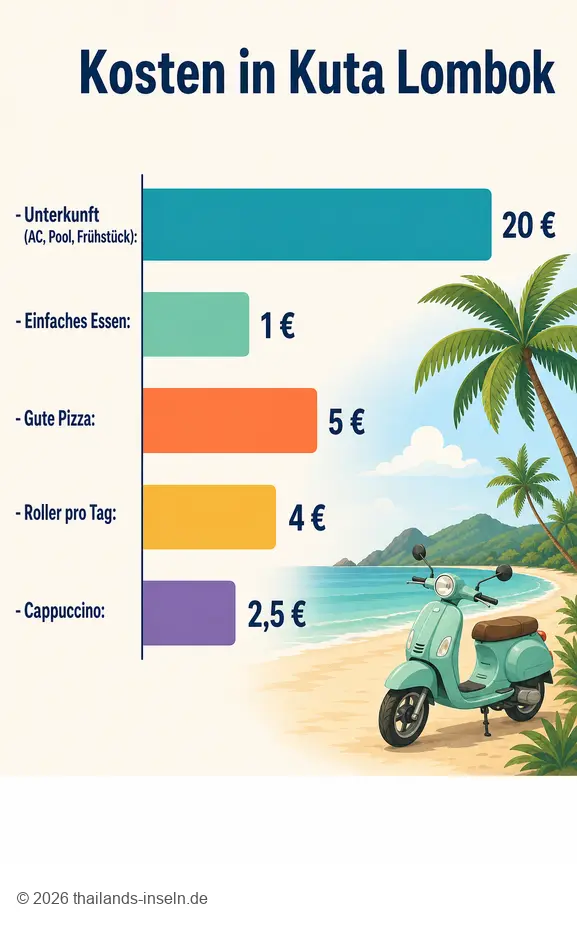 Übersicht der Kosten für Unterkunft, Essen, Roller und Getränke in Kuta Lombok, Thailand.