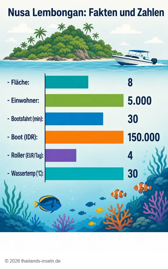 Nusa Lembongan: Wichtige Fakten zur Insel wie Fläche, Einwohnerzahl und Kosten für Anreise und Unterkunft.