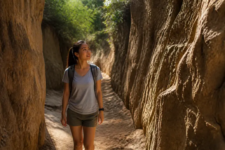 Frau wandert durch den malerischen Pai Canyon im nördlichen Thailand mit beeindruckenden Sandsteinformationen.