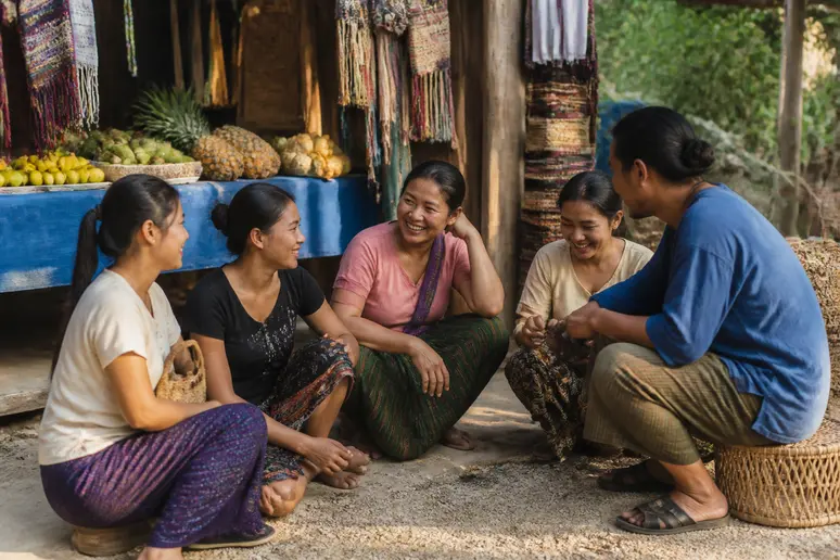 Lokale Thai-Verkäufer in Pai genießen eine entspannte Atmosphäre auf dem Markt während der angenehmen Reisezeit.