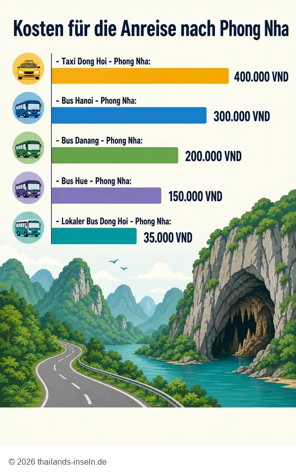 Vergleich der Transportkosten nach Phong Nha: Taxi und verschiedene Busrouten.