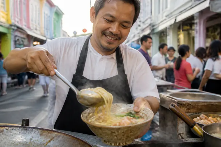 Gedämpfte Hokkien-Nudeln mit Garnelen werden in Phuket Old Town serviert, authentische Streetfood-Szene.