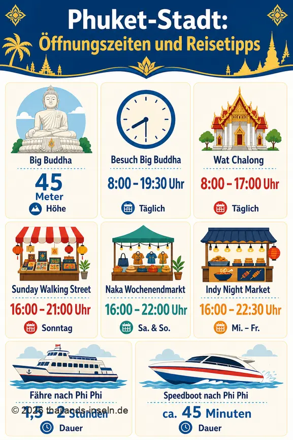Infografik mit Öffnungszeiten und Reisedauer für Sehenswürdigkeiten und Ausflüge in Phuket-Stadt.