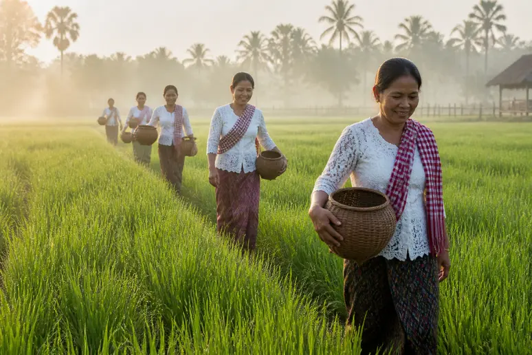 Frauen mit Körben in Reisfeldern bei angenehmer Temperatur, siem reap kambodscha
