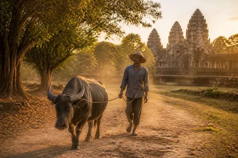 Bauer führt Wasserbüffel in der Nähe alter Tempelruinen, siem reap kambodscha