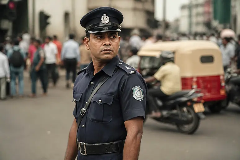 Polizeibeamter in Sri Lanka achtet auf die Sicherheit, Karte von Sri Lanka im Fokus.