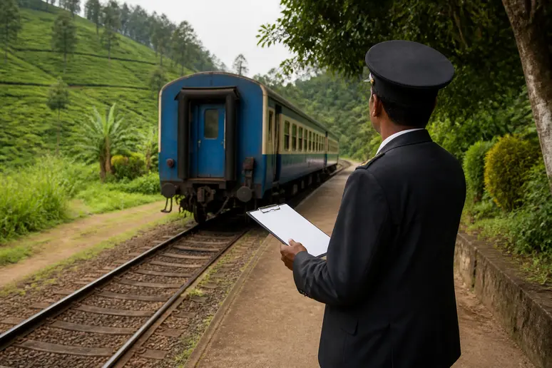 Zugschaffner auf einer ländlichen Station, eine Route auf der sri lanka karte.