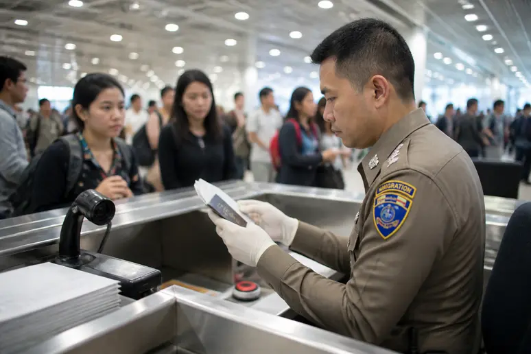 Thailändischer Einwanderungsbeamter prüft Reisepässe und Einreisekarten bei thailand aktuell reisewarnung.