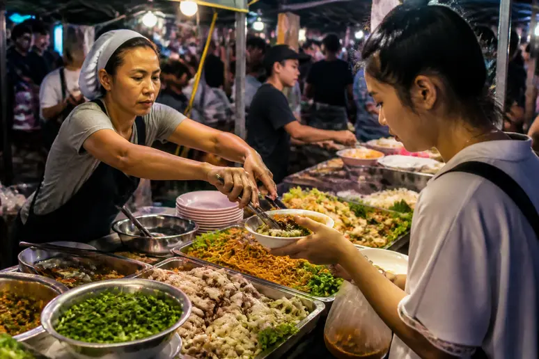 Garküchenverkäufer in Thailand bereitet Gericht auf Nachtmarkt zu – thailand asia