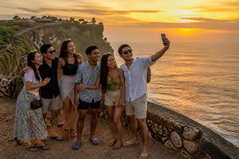 Junge Touristen genießen den Sonnenuntergang mit atemberaubendem Blick auf die Klippen von Uluwatu Bali.