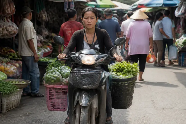 Rollerfahrerin auf einem belebten Markt in Khao Lak, Thailand – Bang Niang Beach Thailand Tipps für die Anreise.