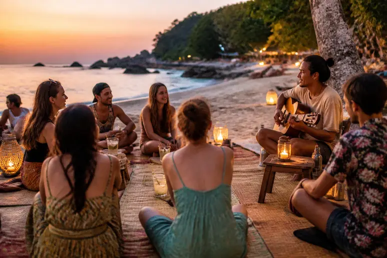 Entspannte Strandparty-Atmosphäre als Alternative zur Full Moon Party Haad Rin Beach.
