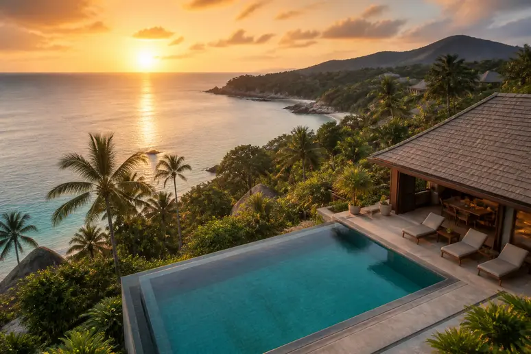 Luxuriöse Poolvilla mit Meerblick auf koh samui island resort bei Sonnenuntergang