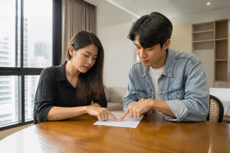 Frau und Mann besprechen Mietvertrag in Bangkok; Lebenshaltungskosten Thailand