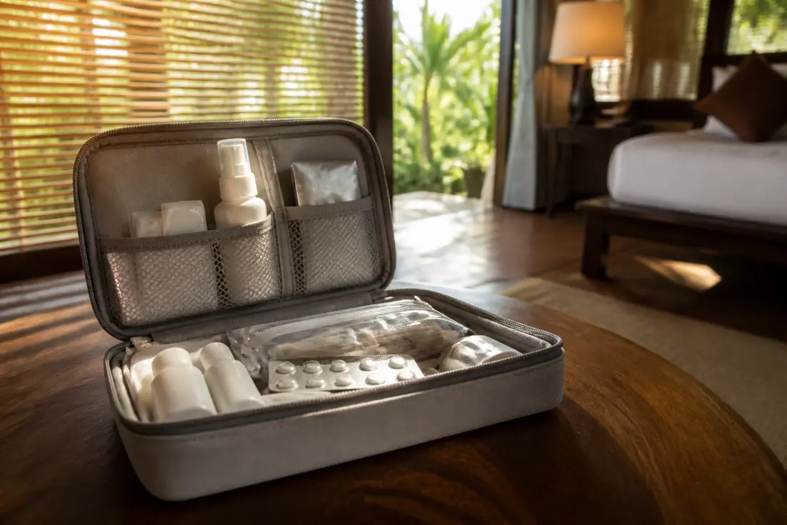 Reiseapotheke mit Mückenschutz und Prophylaxe in einem thailändischen Hotelzimmer für Malaria Risikogebiete Thailand