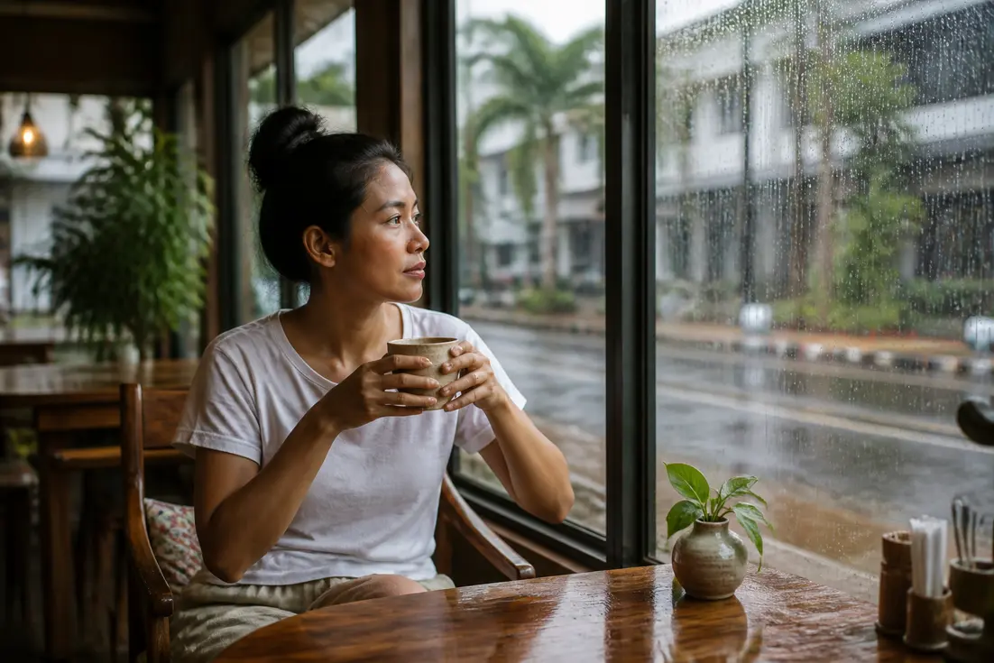 Gemütliches Café in Phuket während eines Schauers für Regenzeit Phuket Urlaub