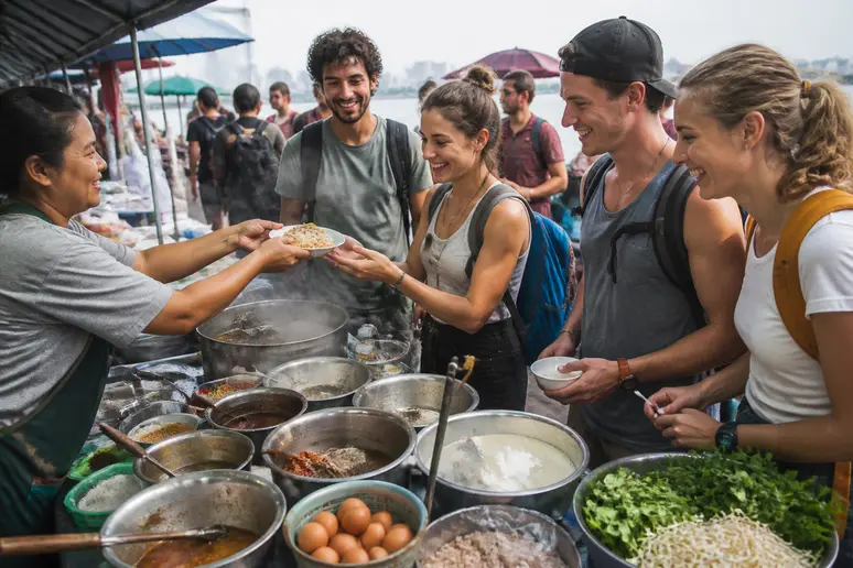 Junge Backpacker genießen Streetfood in Thailand, ein authentisches Erlebnis beim Backpacking Thailand.