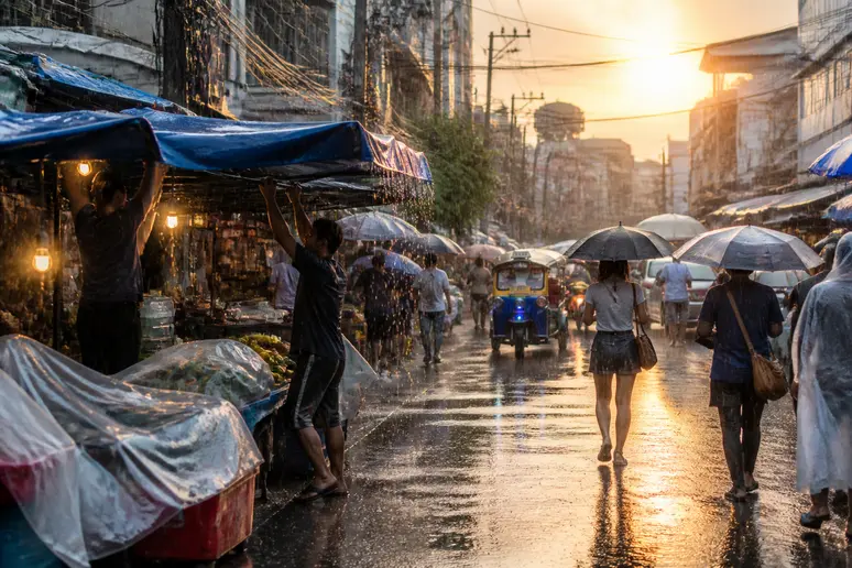 Typischer kurzer Regenschauer in Bangkok, typisch für thailand wetter august
