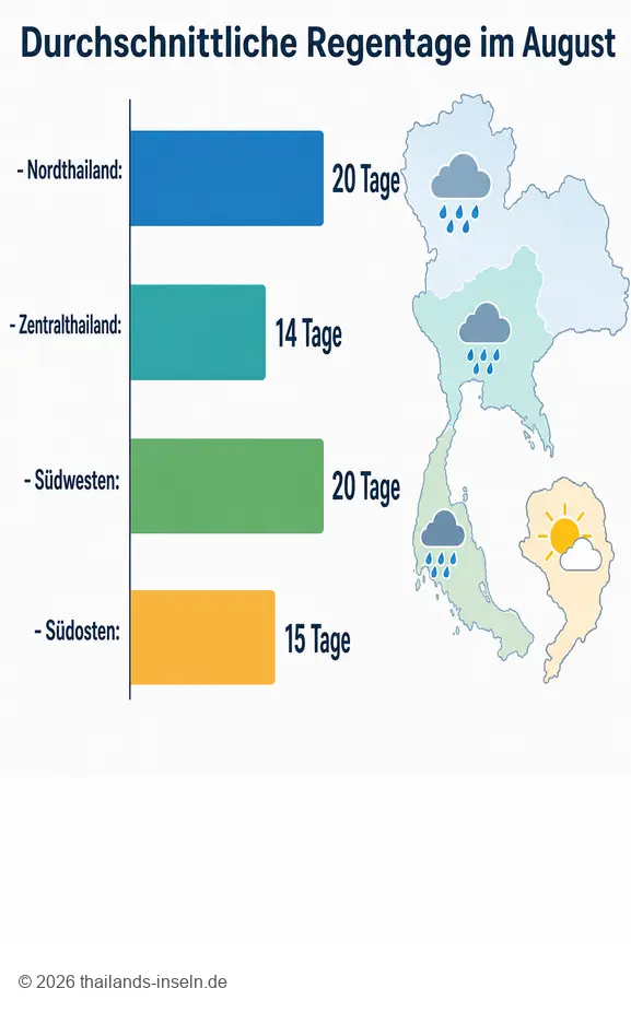 Infografik über thailand wetter august zeigt die Regentage in den verschiedenen Regionen.