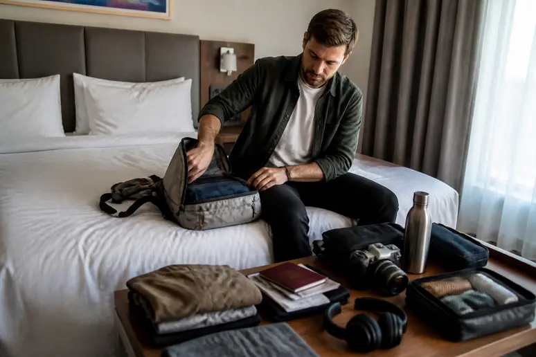 Reisegepäck wird vor dem Urlaub im Hotelzimmer sorgfältig vorbereitet und gepackt.