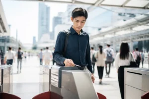 Pendler hält eine Karte an ein Drehkreuz beim bkk skytrain in Bangkok